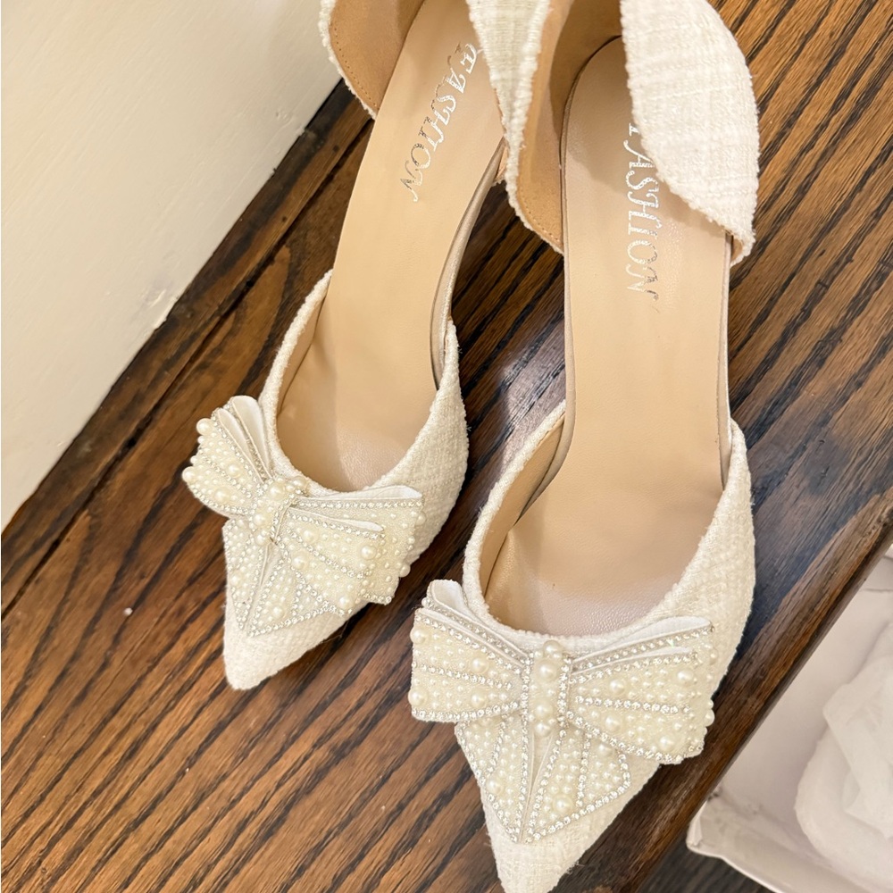Chic Ivory Heels with Beaded Bow